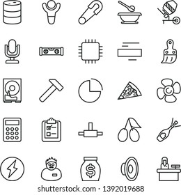 thin line vector icon set - desktop microphone vector, minus, loudspeaker, pie chart, safety pin, plates and spoons, concrete mixer, plastic brush, building level, hammer, survey, piece of pizza