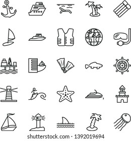 thin line vector icon set - anchor vector, small fish, commercial seaport, lighthouse, coastal, planet, sand castle, sail boat, hotel, beach, palm tree, starfish, flippers, diving mask, surfing