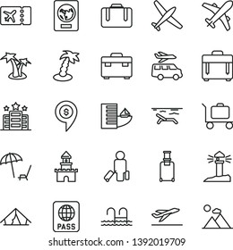 thin line vector icon set - suitcase vector, case, passport, coastal lighthouse, sand castle, dollar pin, plane, passenger, rolling, ticket, departure, hotel, tent, beach, arnchair under umbrella