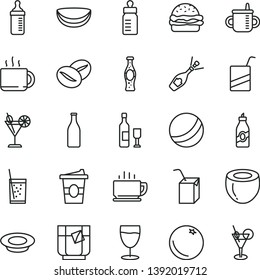 thin line vector icon set - mug for feeding vector, bottle, measuring, bath ball, e, packing of juice with a straw, coffee, burger, plate milk, beans, cup tea, coffe to go, glass soda, cocktail