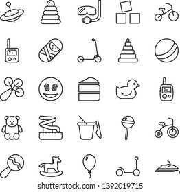 thin line vector icon set - beanbag vector, baby rattle, duckling, bath ball, stacking rings, toy, tumbler, phone, mobile, children's sand set, small teddy bear, yule, rocking horse, balloon