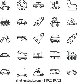 thin line vector icon set - truck lorry vector, Baby chair, motor vehicle, present, toy train, tricycle, child Kick scooter, car, delivery, eco, environmentally friendly transport, electric, retro