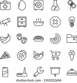 thin line vector icon set - repair key vector, mark of injury, first aid kit, bedside table, folder bookmark, shoes for little children, hawser, strongbox, crossed cart, piece pizza, apple pie, cone