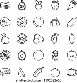 thin line vector icon set - mug for feeding vector, cheese, grill chicken leg, cabbage, cucumber, garlic, omelette, pancakes, orange, peach, squash, tasty apple, raspberry, blueberries, date fruit