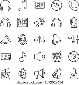 thin line vector icon set - bell vector, desktop microphone, horn, loudspeaker, silent mode, drumroll, drum, headphones, music, volume, phone call, megaphone, pc card, cd, speaker, note, settings