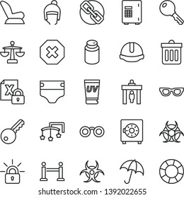 thin line vector icon set - mark of injury vector, spectacles, scales, toys over the cot, diaper, powder, car child seat, winter hat, construction helmet, dust bin, key, umbrella, strongbox, glasses