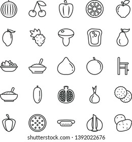 thin line vector icon set - a chair for feeding vector, mini hot dog, mushroom, bowl of buckwheat porridge, rice, plate fruit, biscuit, sandwich, cherry, half pomegranate, grape, red apple, fig