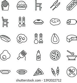 thin line vector icon set - plates and spoons vector, a chair for feeding, child, plastic fork, iron, sausage, stick of, cheese, fried vegetables on sticks, pizza, piece, Hot Dog, mini, burger, pie