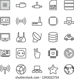 thin line vector icon set - power socket type f vector, star, screen, big data, autopilot, processor, satellite dish, SIM, scheme, hierarchical, cpu, pc card, router, network, connect, coding, earth