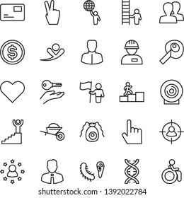 thin line vector icon set - women vector, workman, garden trolley, employee, heart, index finger, pass card, lens, woman, man in sight, dollar, dna, bactery, artifical insimination, carrer stairway