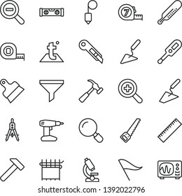 thin line vector icon set - yardstick vector, zoom, out, wind direction indicator, electronic thermometer e, mercury, trowel, building, drill, arm saw, measuring tape, long meashuring, level, hammer