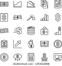 thin line vector icon set - dollar vector, growth chart, column of coins, bar, recession, crisis, statistical report, overview, denomination the, financial item, cash, research, calculator, graph