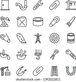 thin line vector icon set - clip vector, safety pin, open, crane, tower, winch hook, adjustable wrench, hand saw, stepladder, sewerage, ntrance door, gear, knife, stationery, canned goods, tin, luck