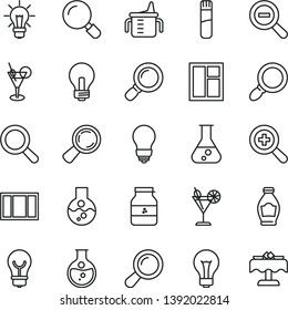 thin line vector icon set - matte light bulb vector, incandescent lamp, magnifier, zoom, out, measuring cup for feeding, window, frame, cocktail, jar of jam, bottle, round flask, test tube