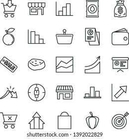 thin line vector icon set - paper bag vector, line chart, growth, negative histogram, positive, put in cart, crossed, kiosk, piece of meat, blueberry, ripe pepper, oil, stall, shopping basket, graph