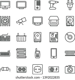thin line vector icon set - camera vector, keyboard, drill, power socket type f, heating coil, screen, smartphone, battery, electric plug, mobile phone, radiator fan, pc supply, tower, motherboard