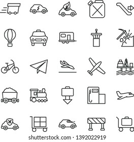 thin line vector icon set - cargo trolley vector, paper airplane, traffic signal, car, commercial seaport, coal mining, modern gas station, canister, eco, electric transport, retro, autopilot, with