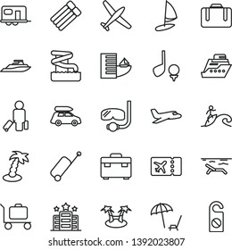 thin line vector icon set - suitcase vector, plane, car baggage, camper, passenger, ticket, rolling case, hotel, beach, arnchair under umbrella, palm tree, aquapark, diving mask, surfing, golf