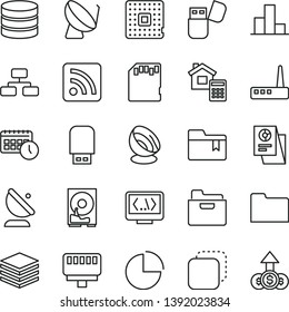 thin line vector icon set - rss feed vector, pie chart, bar, folder bookmark, estimate, pile, flowchart, copy, processor, satellite dish, antenna, statistical research, agenda, hdd, router, coding