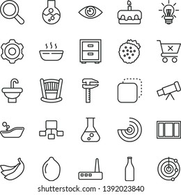 thin line vector icon set - magnifier vector, bedside table, cradle, children's bathroom, cogwheel, window frame, washbasin, eye, crossed cart, copy, torte, hot porridge, strawberries, bananas, lime