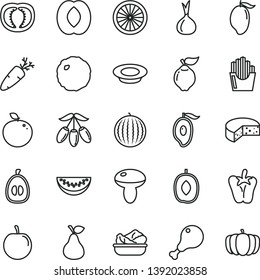 thin line vector icon set - cheese vector, mushroom, lettuce in a plate, of milk, chicken leg, cabbage, peper, carrot, fried potato slices, pear, quince, water melon, mango, half, goji berry, peach