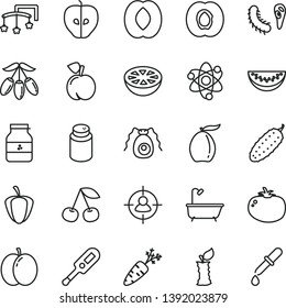 thin line vector icon set - toys over the cot vector, powder, electronic thermometer e, bath, cucumber, tomato, jar of jam, cherry, peach, apple, half apricot, tasty, loquat, goji berry, grapefruit