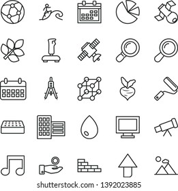 thin line vector icon set - monitor window vector, calendar, upward direction, brick wall, new roller, city block, drop, beet, Measuring compasses, catch a coin, pie charts, network, magnifier, note