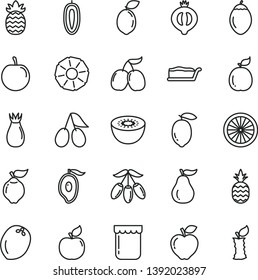 thin line vector icon set - cake slice vector, jam, a pineapple, quince, apricot, red apple, rose hip, cornels, half of medlar, tasty, mango, goji berry, plum, sweet date fruit, lemon, kiwi, orange