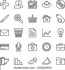 thin line vector icon set - tassel vector, house, desktop microphone, matte light bulb, calendar, briefcase, envelope, wicker pot, clock face, grocery basket, bank card, scribbled paper, spectacles