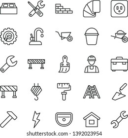 thin line vector icon set - paint roller vector, repair key, dwelling, builder, brick wall, hook, garden trolley, building, trowel, small tools, bucket, sample of colour, plastic brush, ladder, sink