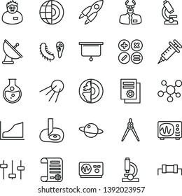 thin line vector icon set - math actions vector, artificial satellite, planet, round flask, research article, scientific publication, microscope, molecule, settings, bactery, oscilloscope, scientist