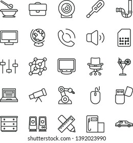 thin line vector icon set - laptop vector, chest of drawers, electronic thermometer e, plates and spoons, siphon, writing accessories, screen, volume, phone call, lens, cocktail, modern gas station