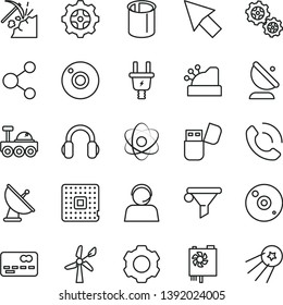 thin line vector icon set - camera vector, phone call, coal mining, wind energy, electric plug, gear, gears, processor, pipes, satellite antenna, water filter, connection, front of the bank card, cd