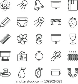 thin line vector icon set - bell vector, nappy, roly poly doll, children's potty, road fence, notebook, artificial satellite, glass, medlar, blackberry, half of mango, ripe guava, cast iron radiator