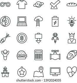 thin line vector icon set - screen vector, T shirt, loaf, burger, sushi, charging battery, valve, light bulb, notebook pc, glasses, calculator, earth core, robot, saturn, winner, star medal, confirm