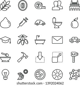 thin line vector icon set - matte light bulb vector, women, motor vehicle, deep plate with a spoon, long meashuring tape, toilet, bath, hammer claw, envelope, square academic hat, expand picture