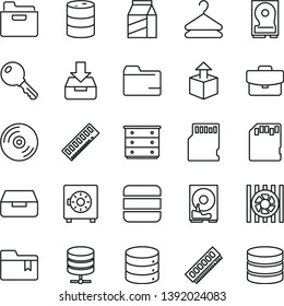 thin line vector icon set - folder vector, bookmark, chest of drawers, key, CD, big data, server, suitcase, put in a box, drawer, strongbox, package, hanger, unpacking, barrel, radiator fan, memory