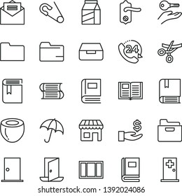 thin line vector icon set - folder vector, book, open pin, e, books, window frame, door knob, ntrance, received letter, umbrella, drawer, 24, package, half of coconut, kiosk, get a wage, exit