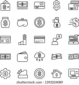 thin line vector icon set - bank card vector, dollar, cards, reverse side of a, front the, denomination, wallet, purse, money, cash, machine, cashbox, bag hand, rain, coin, mortgage, pedestal, gear