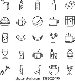 thin line vector icon set - mug for feeding vector, measuring cup, bottle, bath ball, e, packing of juice with a straw, coffee, burger, plate milk, beans, tea, glass soda, cocktail, can, liquor