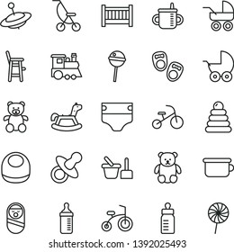 thin line vector icon set - baby cot vector, dummy, mug for feeding, bottle, measuring, diaper, bib, stroller, carriage, summer, stacking rings, roly poly doll, toy sand set, children's potty, small
