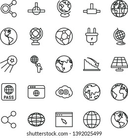 thin line vector icon set - sign of the planet vector, globe, earth, passport, solar panel, plug, carbon dyoxide, connection, connections, recession, network, browser, connect, man hold world