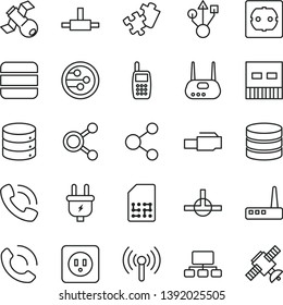 thin line vector icon set - Puzzle vector, power socket type b, f, big data, phone call, plug, SIM, connection, connections, scheme, mobile, usb, router, network, connect, lan connector, wireless