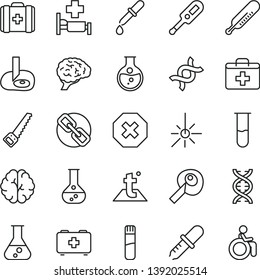thin line vector icon set - mark of injury vector, spectacles, first aid kit, electronic thermometer e, mercury, bag a paramedic, medical, arm saw, temperature, round flask, outdoor, test tube, dna