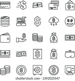 thin line vector icon set - bank card vector, dollar, strongbox, cards, coins, column of, denomination the, financial item, get a wage, wallet, purse, dollars, cash, machine, money rain, coin, bag