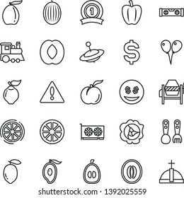 thin line vector icon set - warning vector, plastic fork spoons, children's train, yule, colored air balloons, concrete mixer, building level, ripe peach, squash, quince, melon, half of mango, lemon