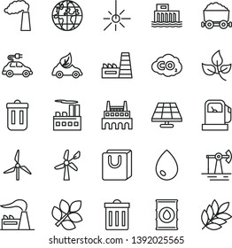 thin line vector icon set - bin vector, drop, bag with handles, solar panel, working oil derrick, leaves, gas station, windmill, wind energy, manufacture, factory, hydroelectric, industrial building