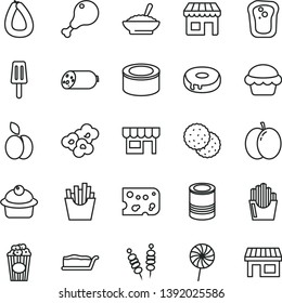 thin line vector icon set - kiosk vector, sausage, stick of, piece cheese, canned goods, tin, fried vegetables on sticks, cake, muffin, slice, with a hole, bowl buckwheat porridge, chicken leg, cup