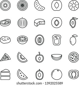 thin line vector icon set - cheese vector, pizza, piece of, cake, bacon, meat, orange slice, sandwich, plum, water melon, half mango, delicious, peach, tangerine, cherry, lemon, kiwi, coconut