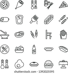 thin line vector icon set - plates and spoons vector, a chair for feeding, plastic fork, iron, sausage, fried vegetables on sticks, pizza, piece of, Hot Dog, mini, burger, spaghetti, pie, bacon, egg